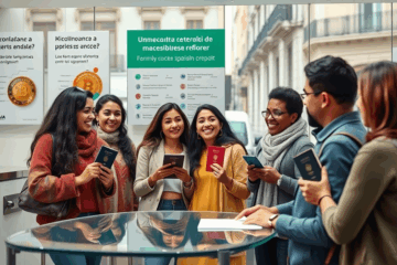 Un grupo diverso de inmigrantes sonrientes mientras revisan documentos financieros en una oficina.