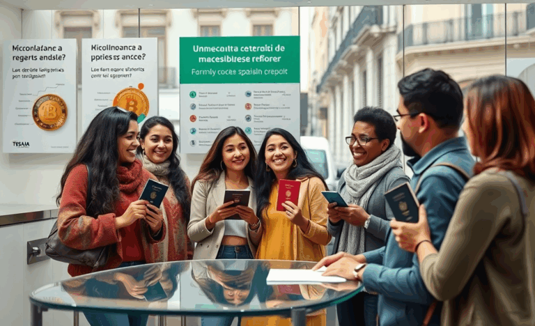 Un grupo diverso de inmigrantes sonrientes mientras revisan documentos financieros en una oficina.