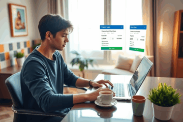 Imagen de un proceso de solicitud de crédito en línea, mostrando una computadora portátil y documentos digitales