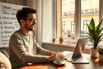 Persona trabajando en una computadora desde casa, simbolizando el concepto de generar ingresos de manera sencilla y cómoda.