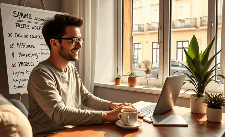 Persona trabajando en una computadora desde casa, simbolizando el concepto de generar ingresos de manera sencilla y cómoda.