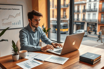 Gráfica ilustrativa de un freelancer revisando opciones de préstamo en su laptop.