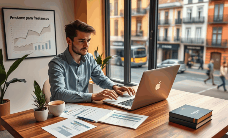 Gráfica ilustrativa de un freelancer revisando opciones de préstamo en su laptop.