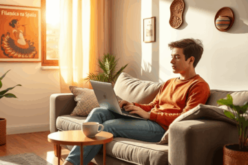 Imagen de una persona solicitando un préstamo online desde casa, usando un ordenador portátil.