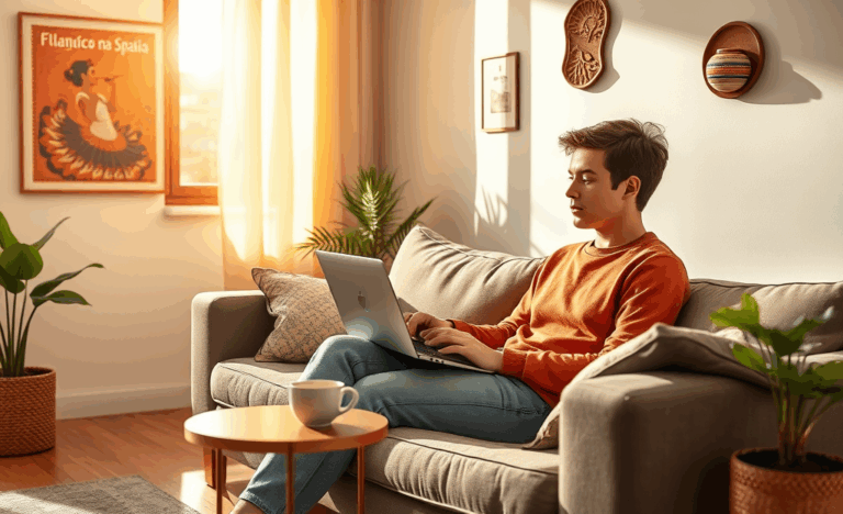 Imagen de una persona solicitando un préstamo online desde casa, usando un ordenador portátil.