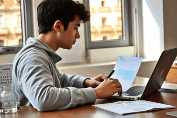 Persona revisando documentos para solicitar un crédito en español.