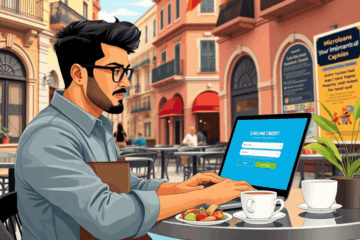 Trabajador hispánico usando una plataforma online para solicitar crédito digital.