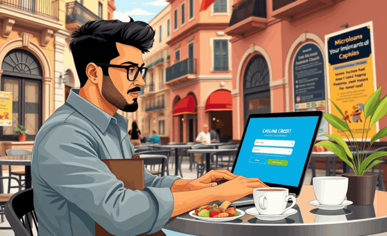 Trabajador hispánico usando una plataforma online para solicitar crédito digital.