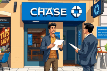 Persona latina consultando sobre opciones de crédito en una sucursal de Chase Bank.