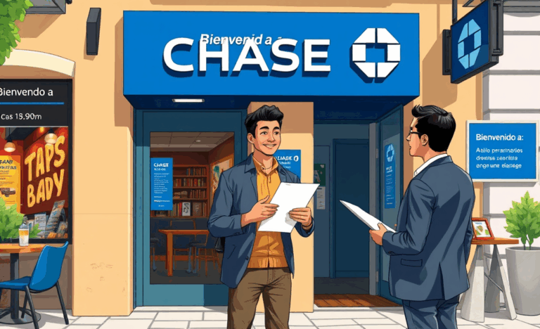 Persona latina consultando sobre opciones de crédito en una sucursal de Chase Bank.