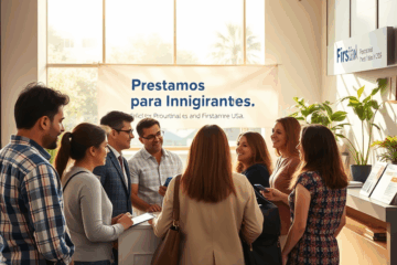 Imagen de inmigrantes felices consultando opciones de préstamo en FirstBank USA