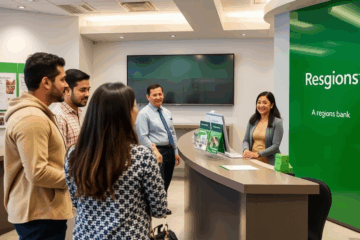 Una representante de Regions Bank atendiendo a un cliente en español sobre opciones de crédito.