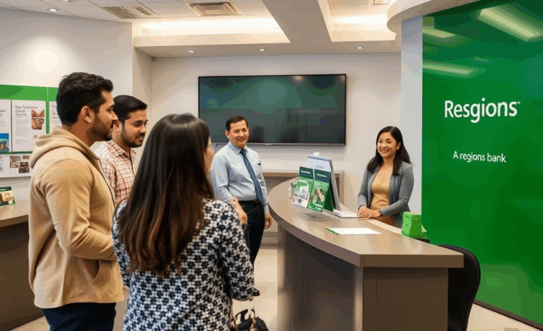 Una representante de Regions Bank atendiendo a un cliente en español sobre opciones de crédito.