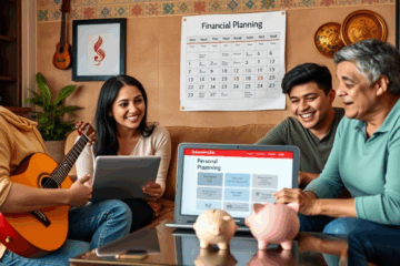 Ilustración de una familia hispanohablante consultando sobre préstamos personales en una oficina de Santander.