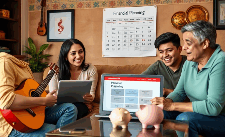 Ilustración de una familia hispanohablante consultando sobre préstamos personales en una oficina de Santander.