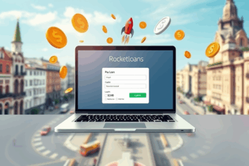 Imagen de una computadora portátil mostrando el sitio web de Rocket Loans, destacando la facilidad y rapidez de solicitar un préstamo online.