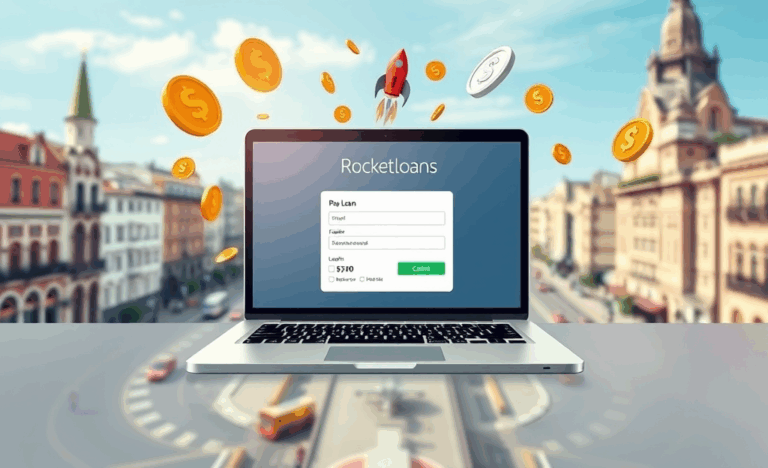 Imagen de una computadora portátil mostrando el sitio web de Rocket Loans, destacando la facilidad y rapidez de solicitar un préstamo online.