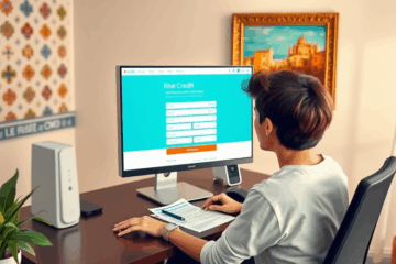 Persona usando un ordenador para solicitar crédito inmediato en línea con Rise Credit.