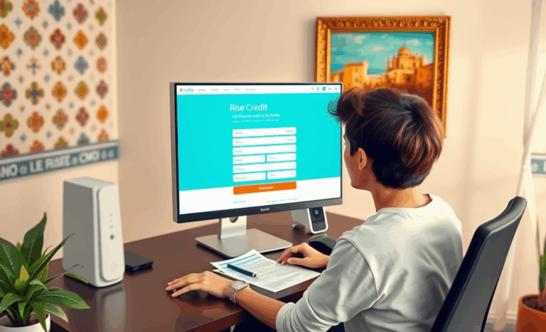 Persona usando un ordenador para solicitar crédito inmediato en línea con Rise Credit.