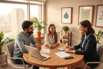 Familia latina recibiendo orientación financiera confiable en una oficina moderna y luminosa para opciones de crédito