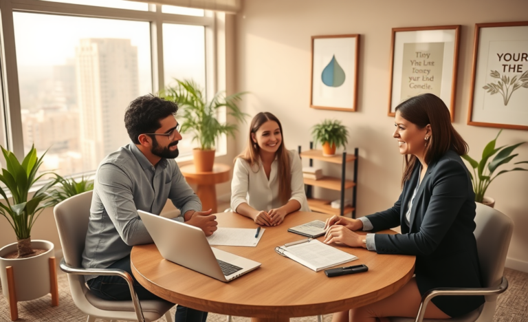 Familia latina recibiendo orientación financiera confiable en una oficina moderna y luminosa para opciones de crédito