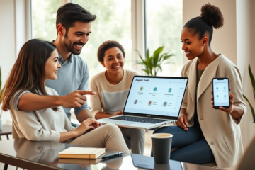 Personas jóvenes consultando opciones claras y rápidas de crédito digital en una oficina luminosa y moderna