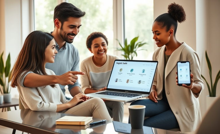 Personas jóvenes consultando opciones claras y rápidas de crédito digital en una oficina luminosa y moderna