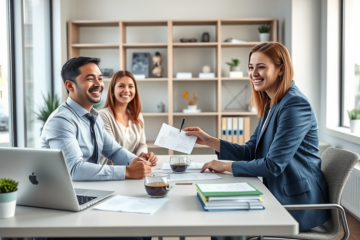 Profesionales sonrientes en oficina moderna firmando rápido préstamo personal fácil aprobación sin complicaciones