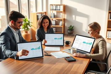 Adultos en oficina moderna comparando opciones de crédito personal rápido usando tabletas y computadoras con documentos financieros