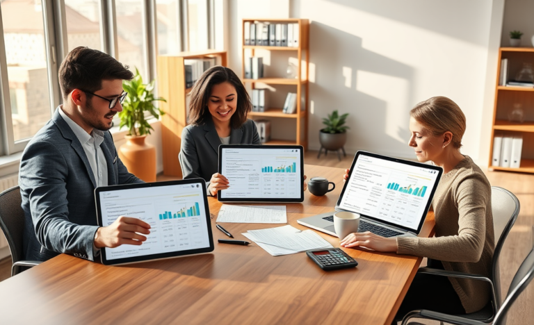 Adultos en oficina moderna comparando opciones de crédito personal rápido usando tabletas y computadoras con documentos financieros