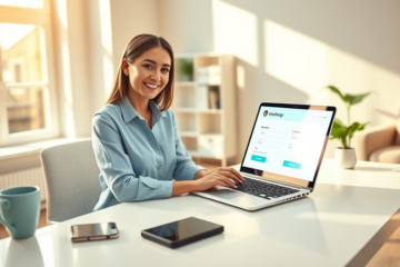 Mujer joven en oficina moderna completa préstamo online rápido con tasas bajas y proceso digital en laptop
