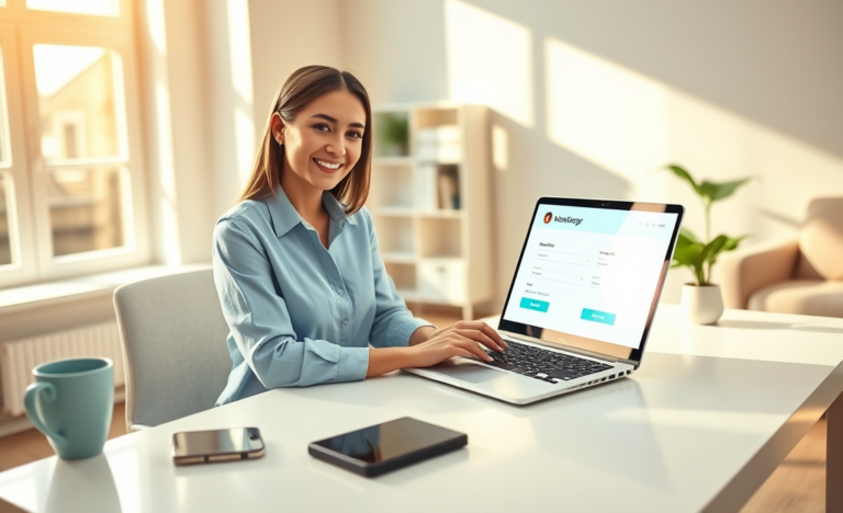 Mujer joven en oficina moderna completa préstamo online rápido con tasas bajas y proceso digital en laptop