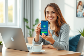 Γυναίκα σε μοντέρνο σπίτι χρησιμοποιεί το smartphone για εύκολη και γρήγορη έγκριση ψηφιακής πίστης με άνεση και ασφάλεια